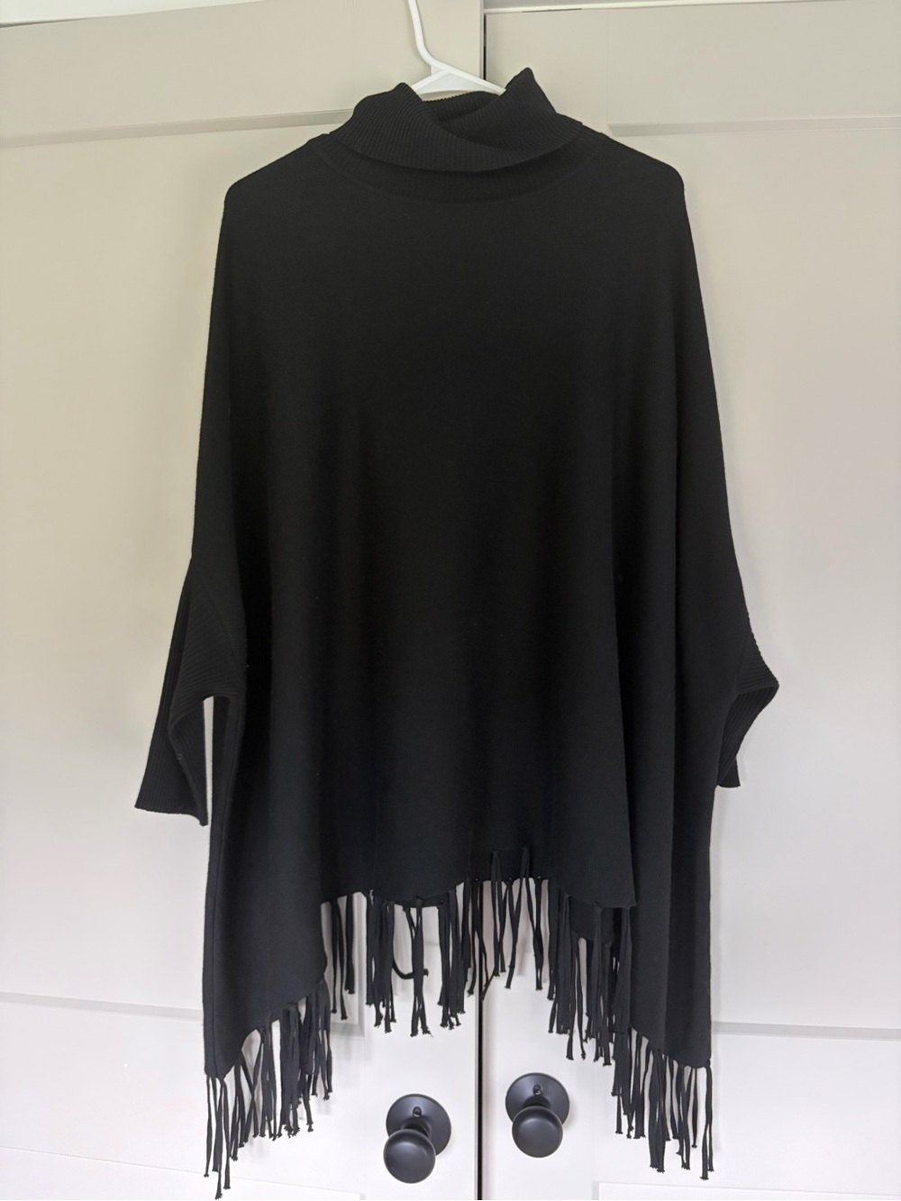 Black Fringe Turtleneck Poncho Sweater